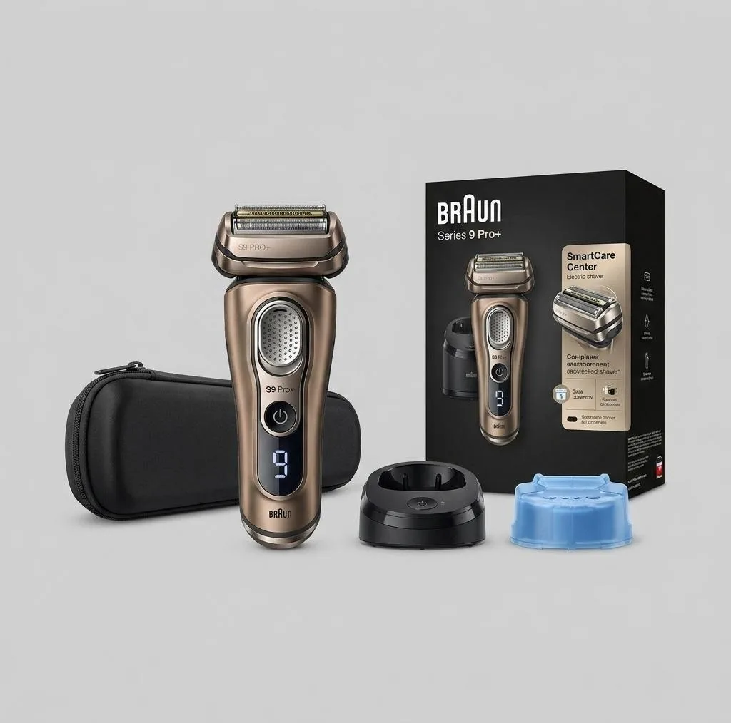 ماشین اصلاح موی صورت شارژی براون مدل 9569cc 9PRO Plus با تیغه تیتانیوم پیشرفته، ضد آب، استفاده خشک و مرطوب، اصلاح صفر، نمایشگر میزان شارژ، سنسور تشخیص تراکم مو، خط زن حرفه‌ای، پایه شستشو ۶ کاره و کیف همراه