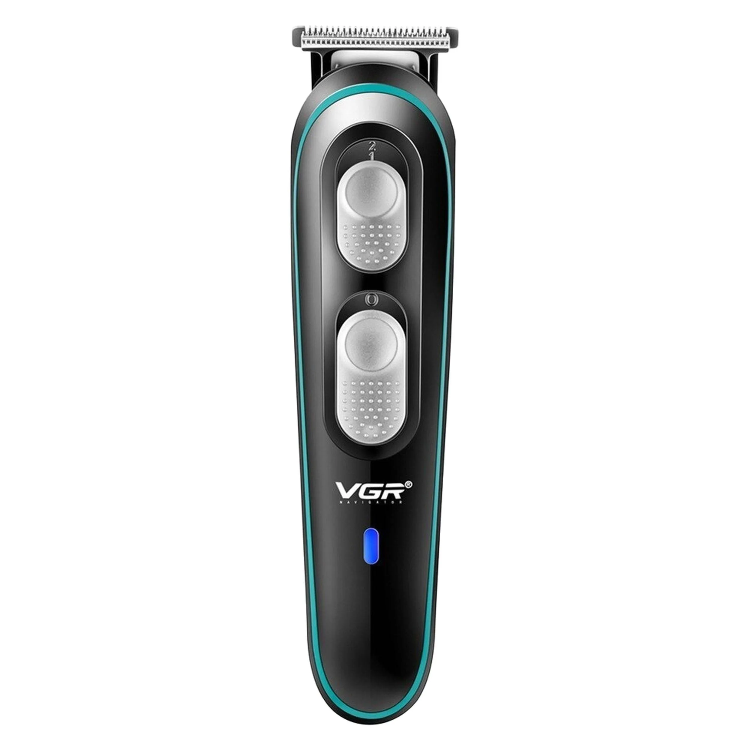 ماشین اصلاح موی صورت وی جی ار مدل V-055 با تیغه استیل ضد زنگ، باتری قابل شارژ، طراحی ارگونومیک، خط زن و صفر زن، اندازه اصلاح 0 تا 10 میلی‌متر، وزن 220 گرم