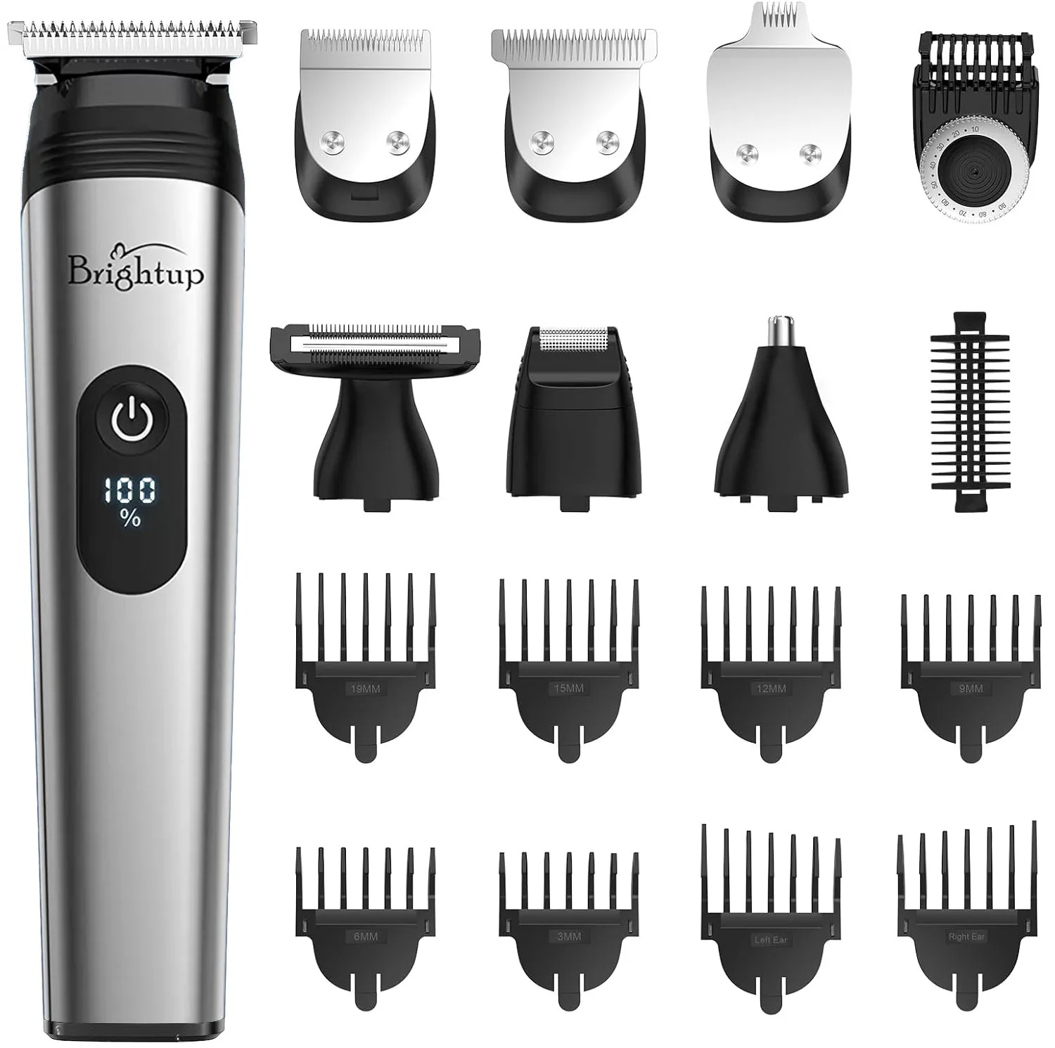 ماشین اصلاح موی سر و صورت برایتاپ مدل YH-7282 با تیغه استیل ضد زنگ، قابلیت تنظیم سرعت و طول اصلاح در 10 حالت، ضد آب با استاندارد IPX6، باتری قابل شارژ با نمایشگر LCD و عملکرد توربو، همراه 8 شانه متنوع و سری قابل تعویض برای اصلاح سر، صورت و بدن