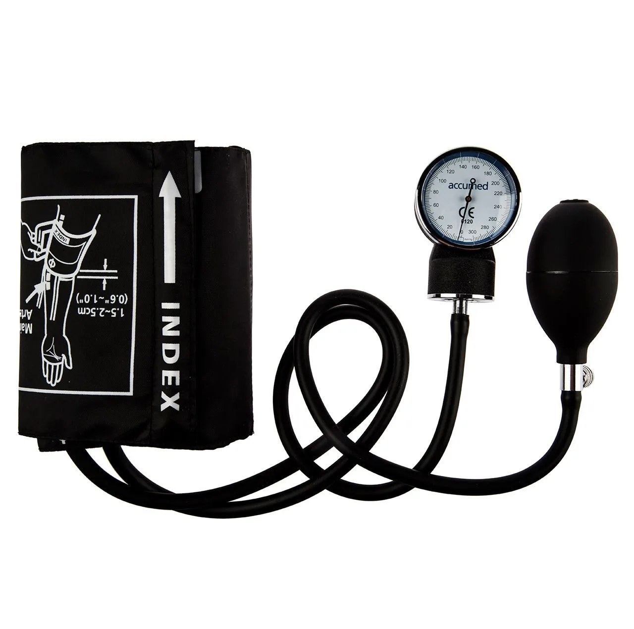 فشارسنج بازویی عقربه‌ای اکیومد مدل KJ-106C با مانومتر بزرگ و خوانا، کاف ضد حساسیت بدون لاتکس، پیچ تخلیه برنجی با روکش کروم و گوشی پزشکی تک‌بل مناسب دور بازوی 24 تا 32 سانتی‌متر