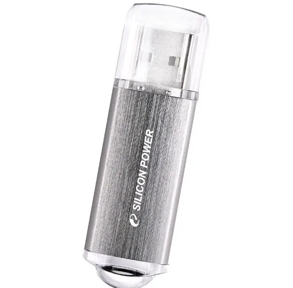 فلش مموری 64 گیگابایتی سیلیکون پاور مدل Ultima II i-Series، با رابط USB 2.0 و USB 1.1، بدنه آلومینیومی مات مقاوم در برابر خط‌وخش و اثرانگشت، نشانگر LED و درپوش محافظ