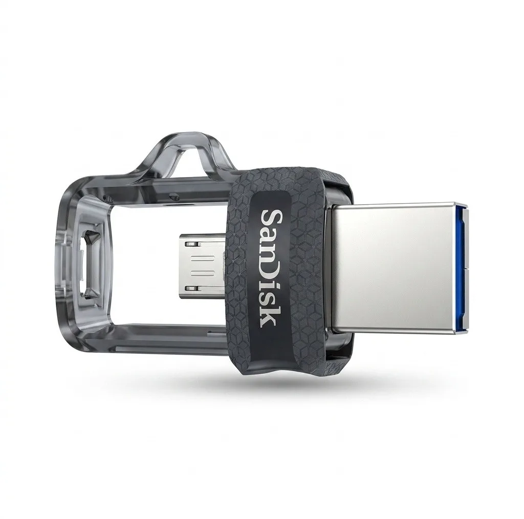 فلش مموری 32 گیگابایت سن دیسک مدل Ultra Dual Drive M3.0 با دو درگاه USB سه‌نقطه‌صفر و microUSB، سرعت خواندن تا 150 مگابایت بر ثانیه و اتصال مستقیم به دستگاه‌های دارای OTG