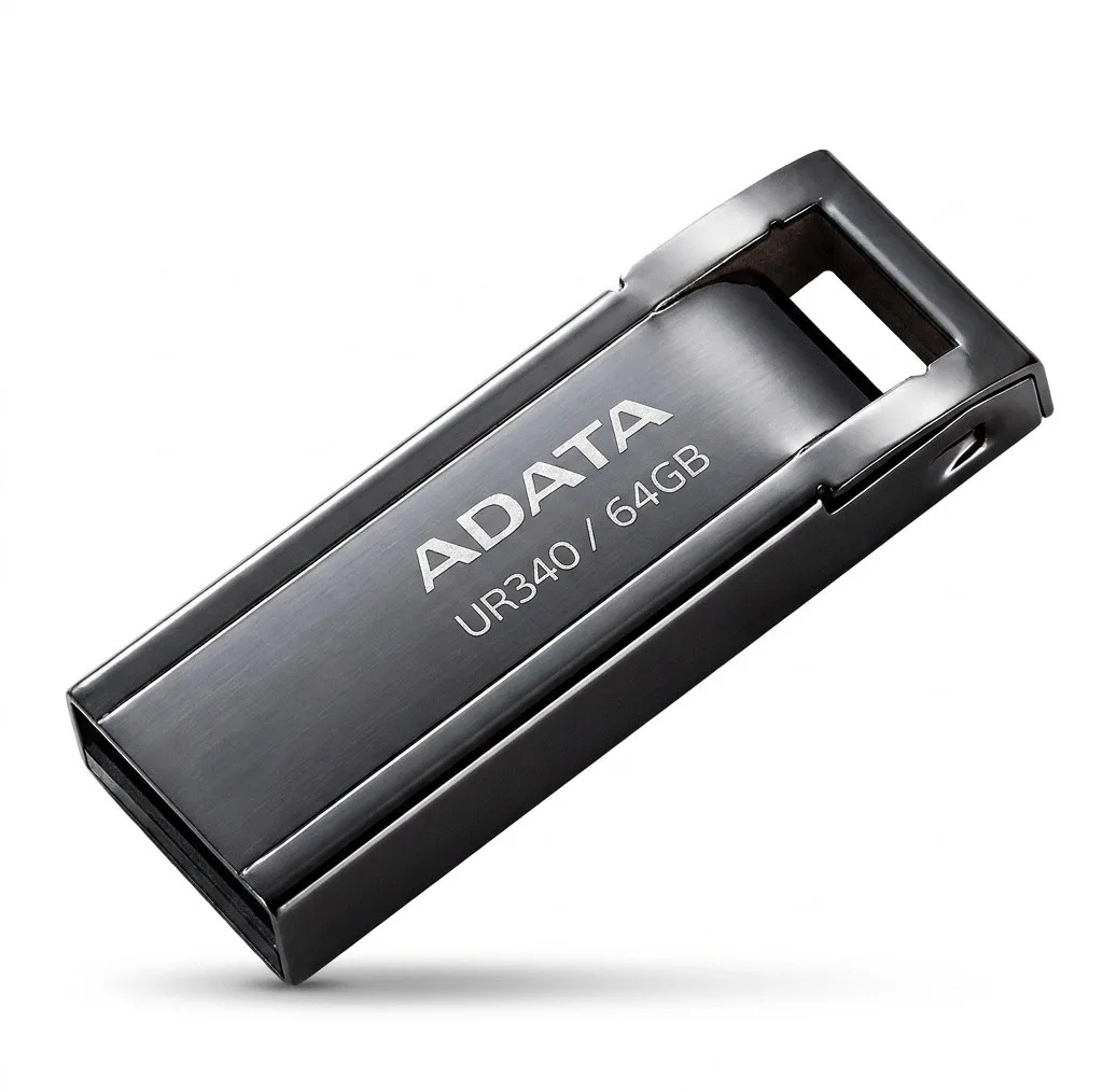 فلش مموری ای دیتا مدل UR340 ظرفیت 64 گیگابایت با بدنه فلزی، رابط USB 3.2 Gen1 Type-A، سرعت انتقال 100 مگابایت بر ثانیه و پشتیبانی از سیستم‌عامل‌های ویندوز، مک و لینوکس