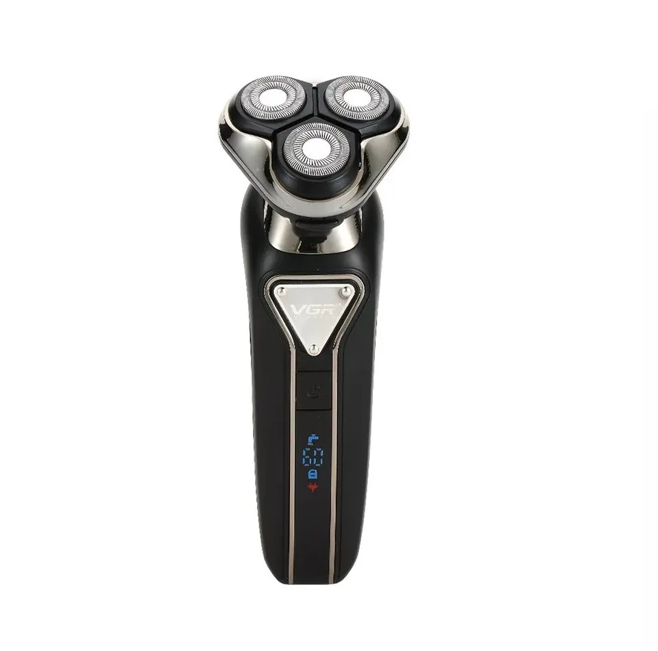ماشین اصلاح موی صورت وی جی ار مدل V-323 با تیغه استیل پیشرفته، نحوه اصلاح چرخشی، ضدآب، باتری با مدت‌زمان استفاده 60 دقیقه، اندازه اصلاح 0.01 میلی‌متر، همراه برس تمیزکننده و کابل شارژ USB
