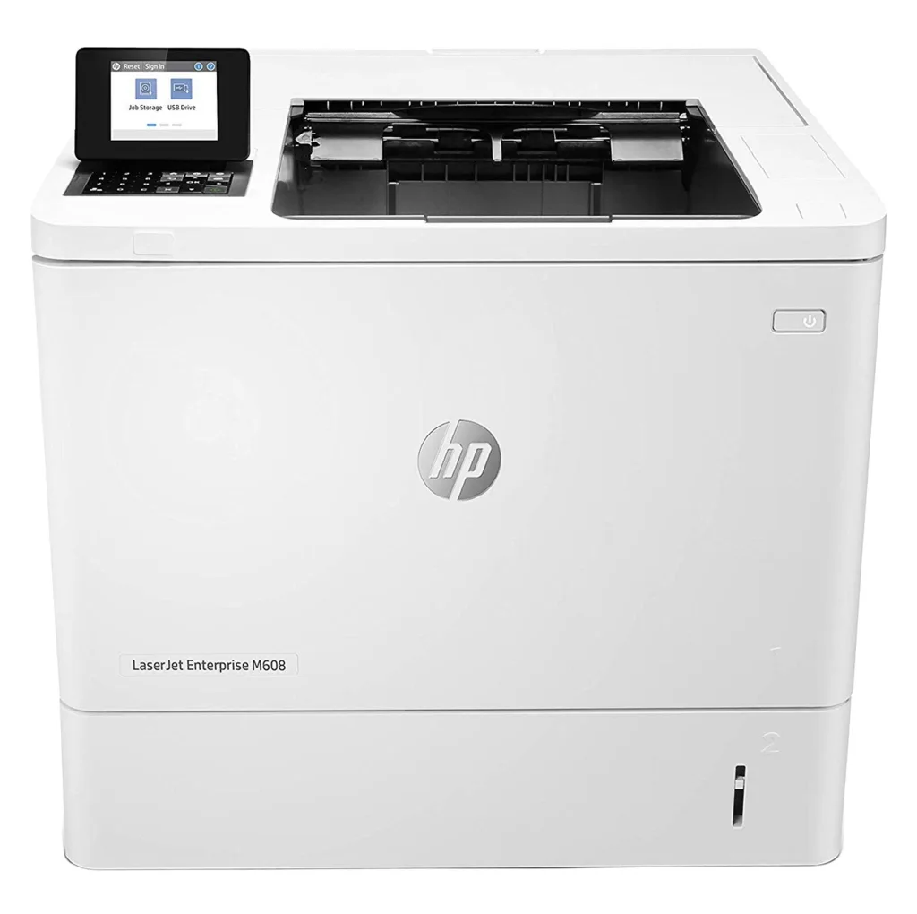 پرینتر لیزری تک‌کاره تک‌رنگ اچ‌پی مدل LaserJet Enterprise M608dn، مجهز به چاپ دورو، سرعت چاپ 61 صفحه در دقیقه، رزولوشن 1200 × 1200 DPI، ظرفیت سینی ورودی 100+550 برگ و حافظه 512 مگابایت