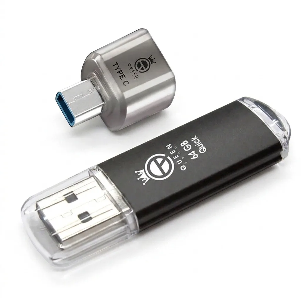 فلش مموری کوئین تک مدل QUICK C-PLUS ظرفیت 64 گیگابایت با رابط USB 2.0 و مبدل USB-C، سرعت انتقال 30 مگابایت بر ثانیه، طراحی درپوش‌دار، مناسب گوشی، تبلت، کامپیوتر و تلویزیون