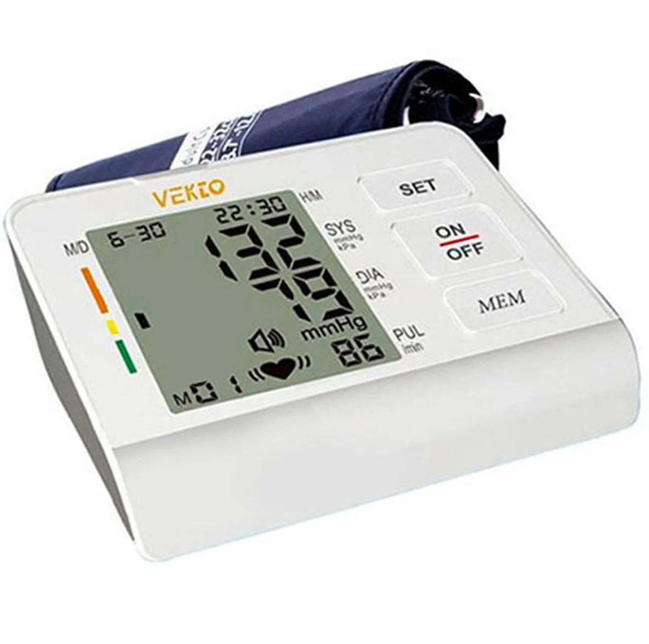 فشارسنج بازویی سخنگو وکتو مدل PG-800B15S با قابلیت ذخیره 90 حافظه، اعلام نتیجه به زبان فارسی، نمایش میانگین نتایج، کاف فنری 22 تا 32 سانتی‌متر، اندازه‌گیری فشار و ضربان قلب، منبع تغذیه برق و باتری و همراه تب‌سنج دیجیتال VT900