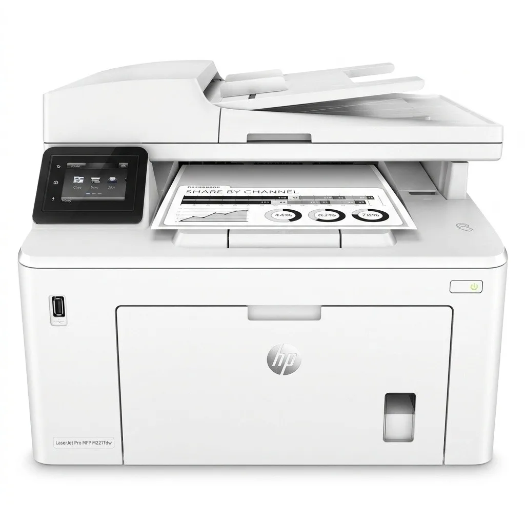 پرینتر اچ پی تک رنگ چهار کاره‌ با چاپ لیزری مدل LaserJet Pro MFP M227fdw، سایز چاپ A4، امکان چاپ دو رو، قابلیت‌ اتصال به WiFi