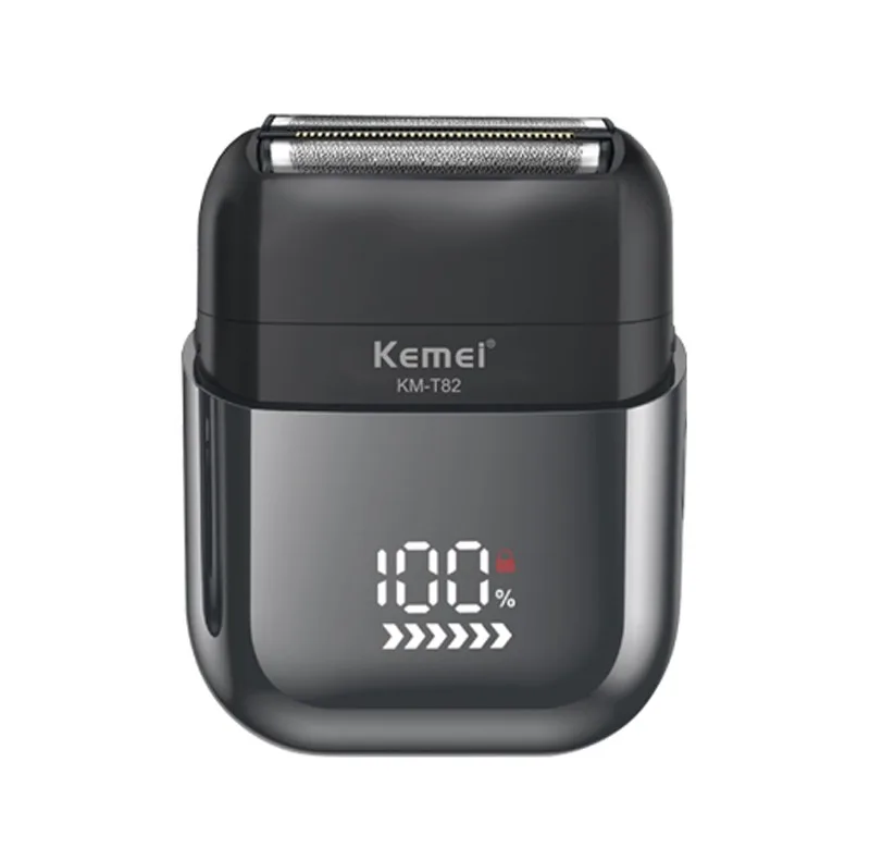 ماشین اصلاح موی صورت کیمی مدل KM-T82 با تیغه استیل ضدزنگ، اصلاح فویلی و صفر زن، ضدآب، طراحی ارگونومیک، مناسب استفاده خشک و مرطوب، نمایشگر وضعیت باتری، موتور با سرعت 7500 دور در دقیقه، شارژ با کابل USB