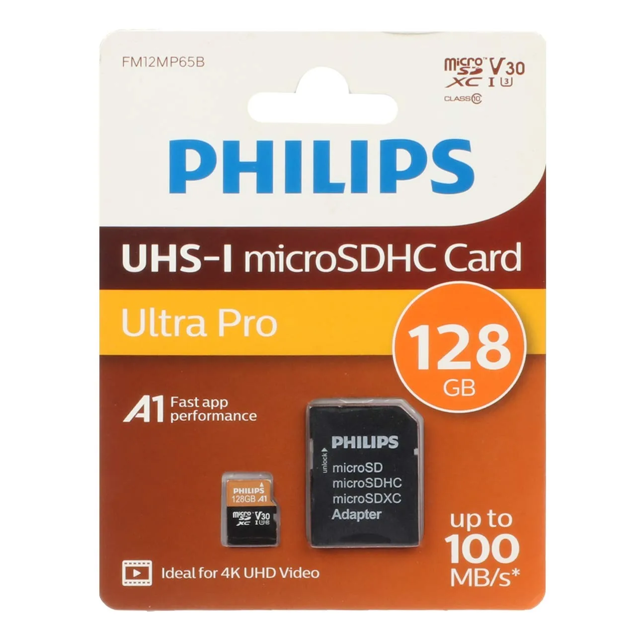 کارت حافظه MicroSDHC فیلیپس مدل Ultra pro کلاس 10 استاندارد UHS-I U3 سرعت 100MBps ظرفیت 128گیگابایت به همراه آداپتور