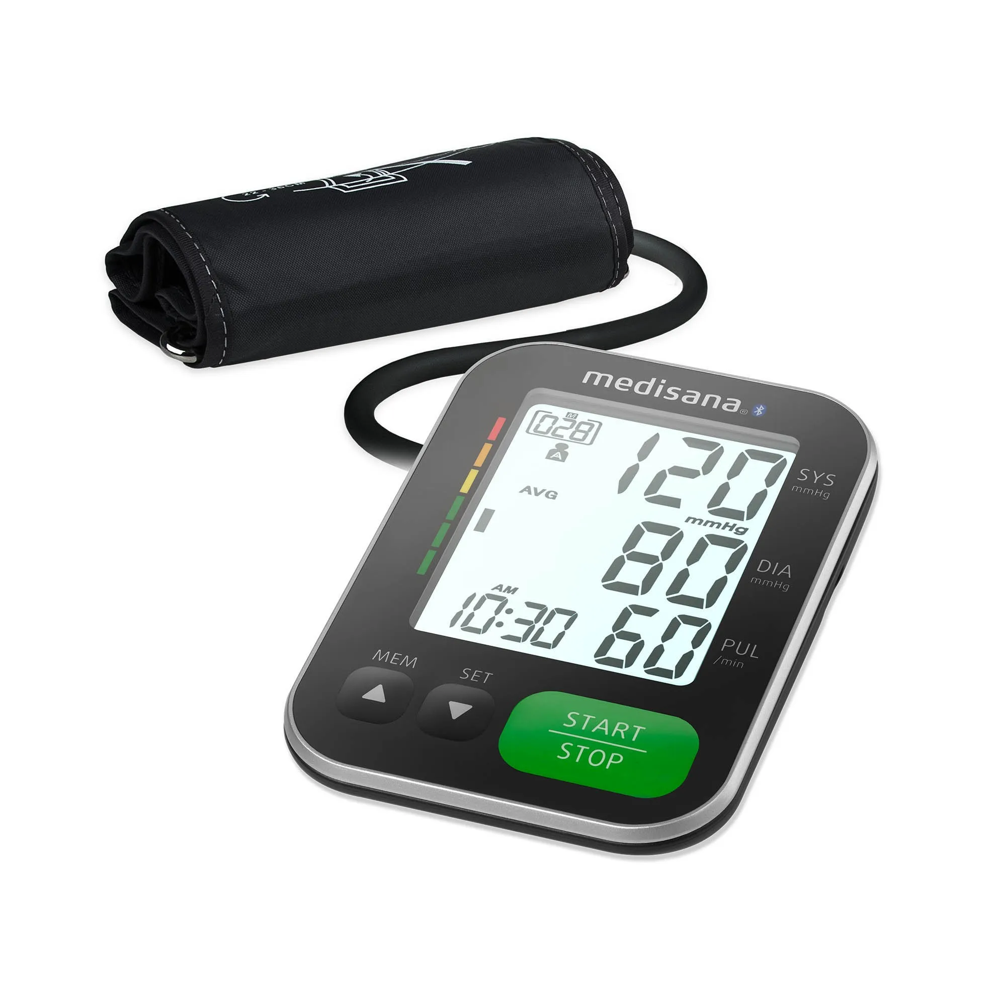 فشارسنج دیجیتال بازویی مدیسانا مدل BU 570B با صفحه نمایش LCD بزرگ و نور پس‌زمینه، حافظه 120 عددی برای 2 کاربر، تشخیص آریتمی، انتقال داده بلوتوث و کاف مناسب بازو 22 تا 42 سانتی‌متر