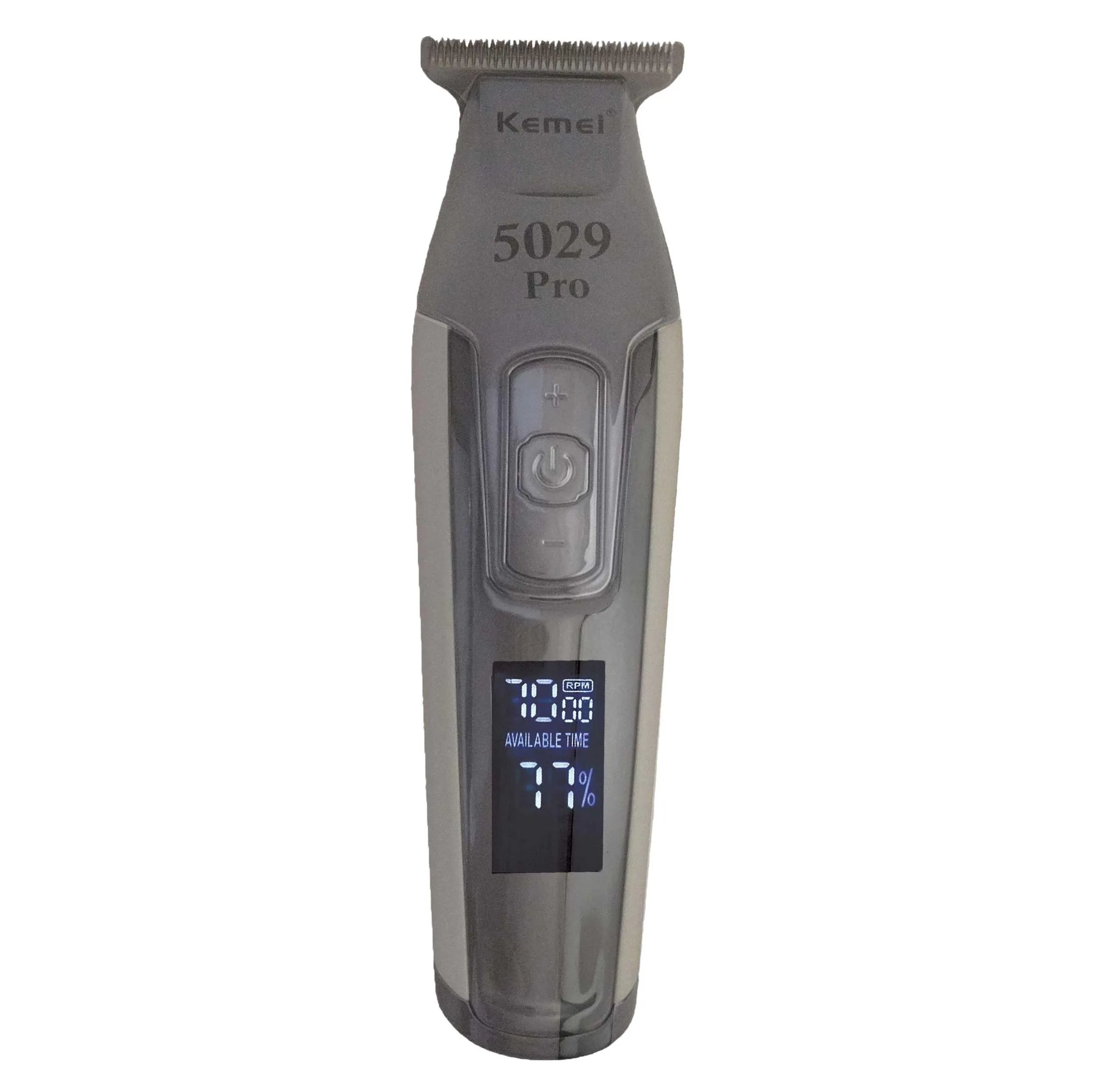 ماشین اصلاح موی سر و صورت کیمی مدل KM-5029 Pro با تیغه تیتانیوم پیشرفته، قابلیت تنظیم سرعت، نمایش وضعیت باتری، طراحی ارگونومیک، اصلاح خط زن با اندازه اصلاح 0.1 میلی‌متر، منبع انرژی برق و باتری، وزن 200 گرم، مدت زمان استفاده 240 دقیقه پس از شارژ کامل