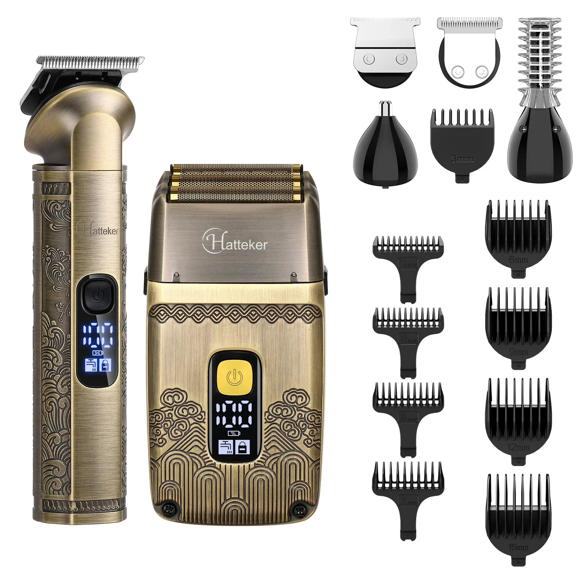ست ماشین اصلاح موی سر و صورت هاتکر مدل HT-602 با تیغه استیل ضد زنگ، ضد آب IPX7، 9 شانه متنوع، قابلیت صفرزنی و خط‌زنی، باتری قابل شارژ با شارژ سریع و نمایشگر LCD