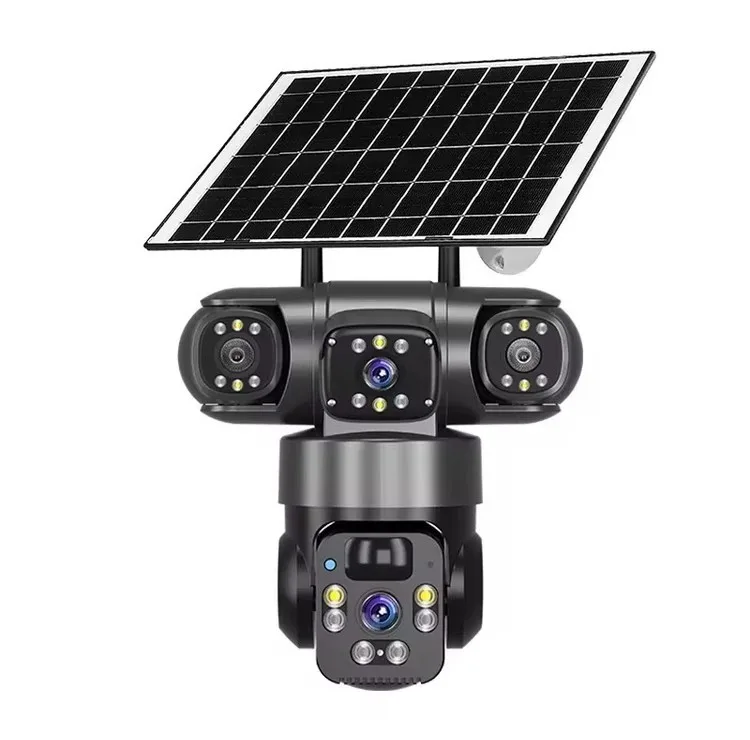 دوربین مداربسته تحت شبکه فضای باز خورشیدی سه لنز با اتصال 4G، چرخش 360 درجه، دید در شب رنگی، تشخیص حرکت، مکالمه دوطرفه، استاندارد IP66، شارژ با پنل خورشیدی و نگهداری شارژ تا 7 روز