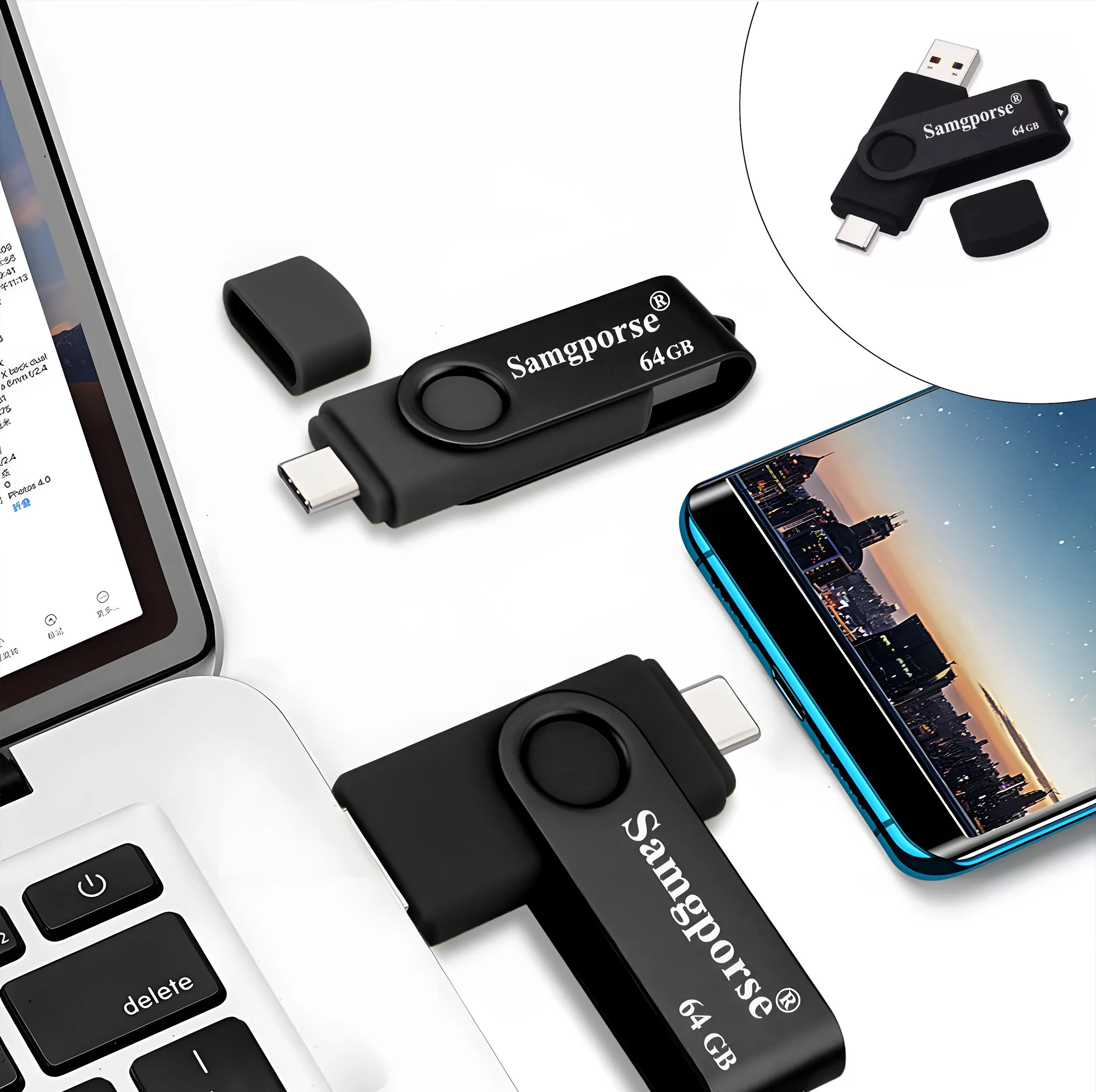 فلش مموری 64 گیگابایتی سمگپرس OTG با رابط USB Type-C و USB 2.0، مقاوم در برابر گرد و غبار، ضداثر انگشت و لک