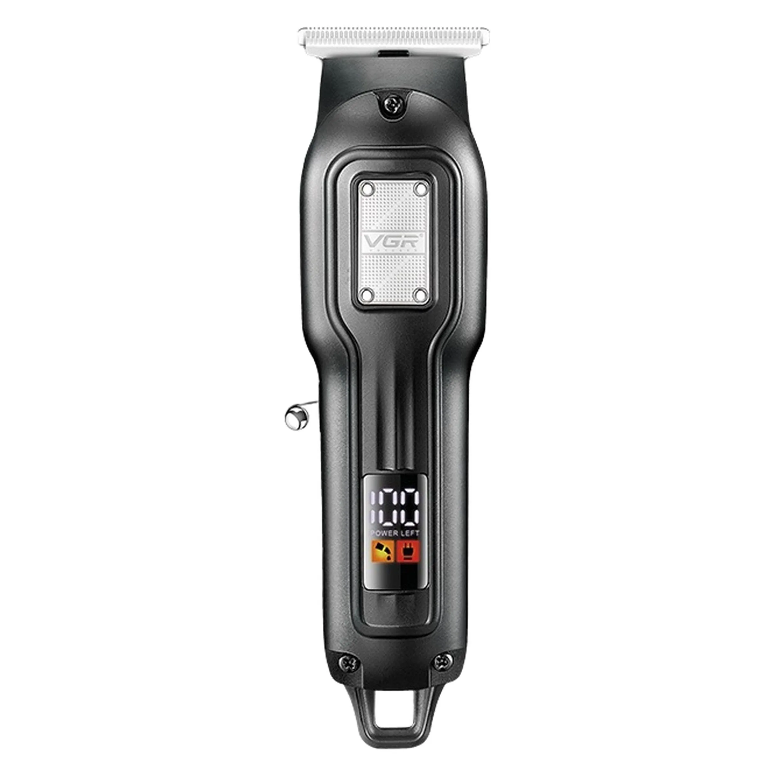 ماشین اصلاح موی سر و صورت شارژی وی جی ار مدل V-918 با تیغه تیتانیوم، قابلیت اصلاح با شماره صفر، نمایشگر میزان شارژ، باتری 600 میلی‌آمپر ساعت، طراحی ارگونومیک، شانه قابل تنظیم و پورت شارژ USB