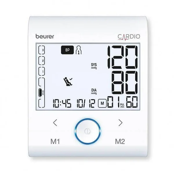 فشارسنج بازویی دیجیتال بیورر مدل BM96 با صفحه نمایش XL و نور پس‌زمینه سفید، تشخیص آریتمی پیشرفته، شاخص ریسک، حافظه دو کاربره هرکدام 60 رکورد، اتصال بلوتوث و USB، نمایش میانگین نتایج و هشدار باتری ضعیف