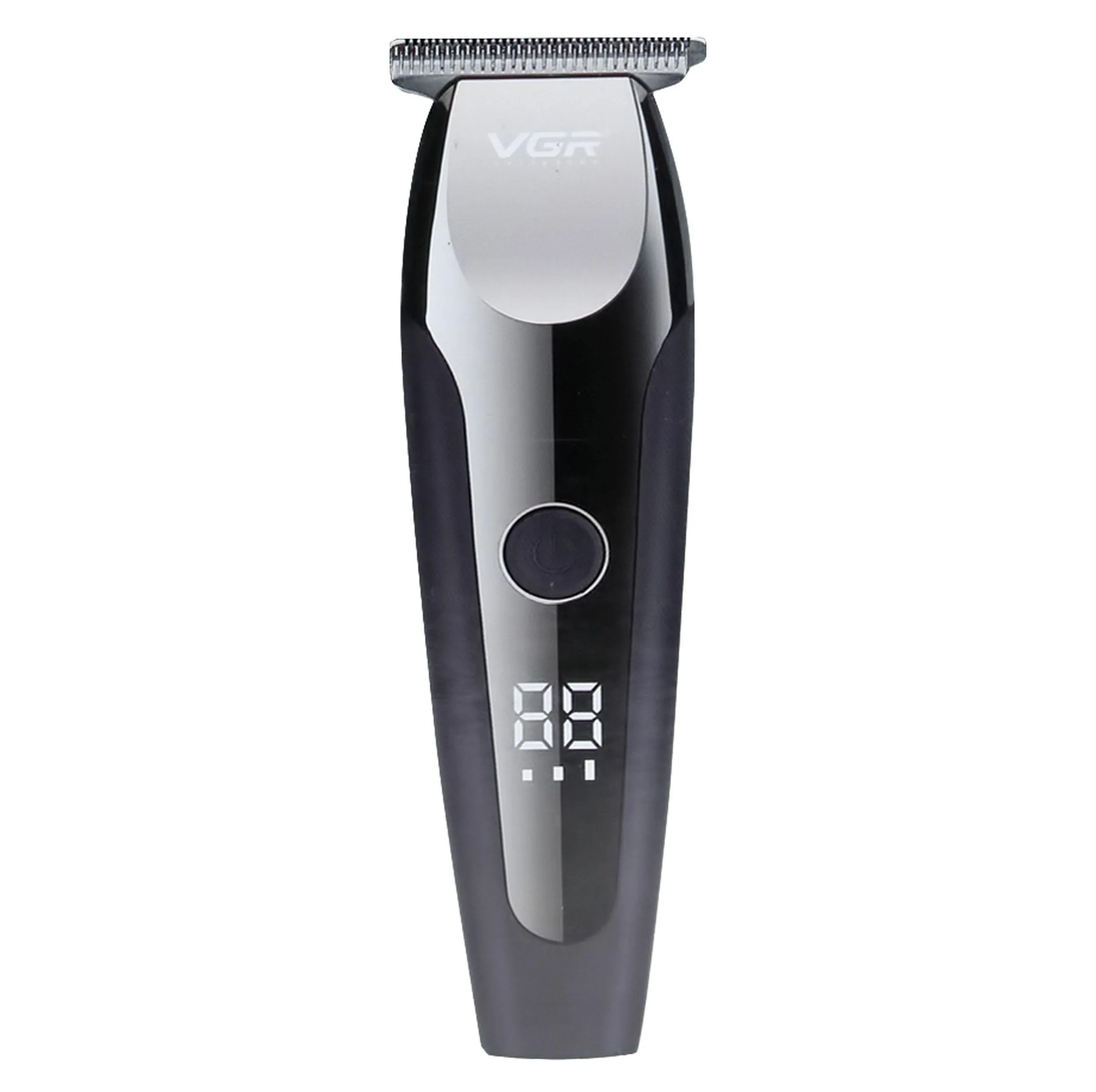 ماشین اصلاح موی صورت و بدن وی جی ار مدل V-059 با تیغه استیل ضد زنگ خودتیز شونده، باتری لیتیوم یونی با 150 دقیقه زمان استفاده، نمایشگر دیجیتال، تنظیم سرعت 3 مرحله‌ای و 6 عدد شانه سایز 1 تا 6 میلی‌متر