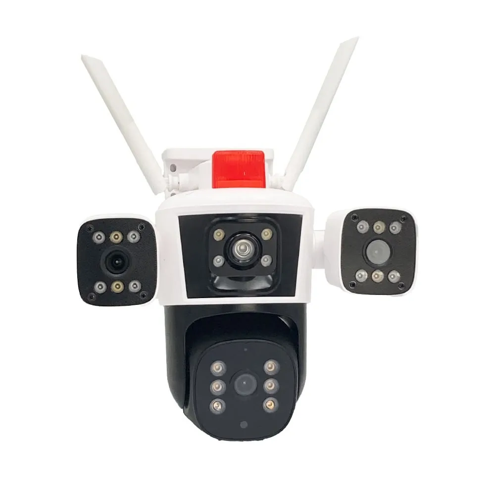 دوربین مداربسته تحت شبکه سیم‌کارتی 3 مگاپیکسلی مدل QQ849-WP-4-4G، دارای 3 لنز، اتصال 4G، چرخش افقی و عمودی، دید در شب، تشخیص حرکت، تعقیب سوژه، مکالمه دوطرفه، پشتیبانی از کارت حافظه Micro SD تا 256 گیگابایت و استاندارد ضدآب IP66