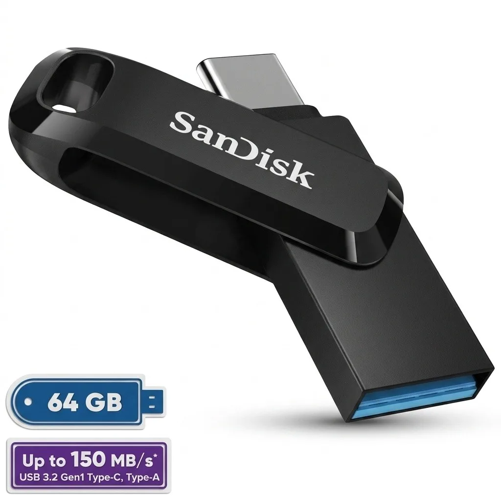 فلش مموری سن دیسک 64 گیگابایت مدل Ultra Dual Drive Go با دو رابط USB Type-C و USB Type-A، استاندارد USB 3.2 Gen1، طراحی چرخشی، سازگار با اندروید، iOS، ویندوز و مک، مناسب گوشی، تبلت، کامپیوتر و تلویزیون
