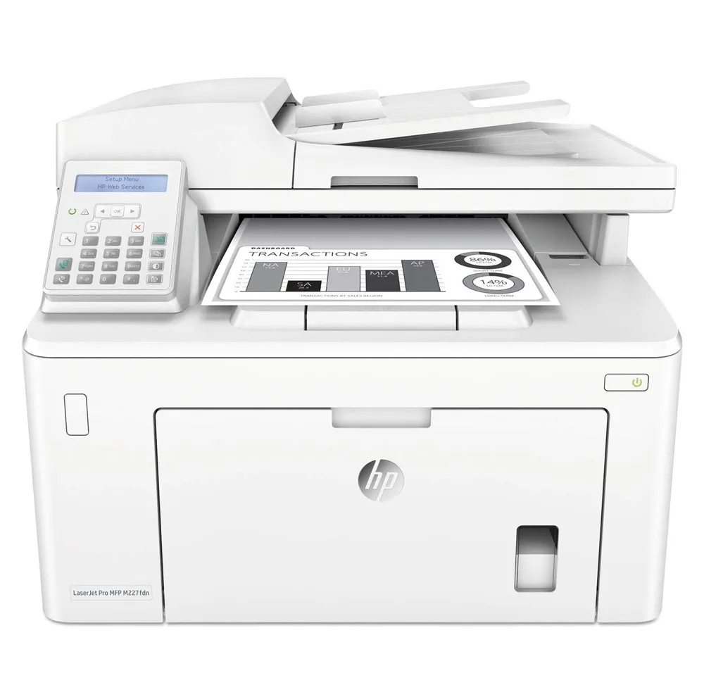 پرینتر اچ پی تک رنگ چهار کاره‌ با چاپ لیزری مدل LaserJet Pro MFP M227fdn، سایز چاپ A4، مجهز به تغذیه خودکار ADF، قابلیت‌ اتصال به WiFi