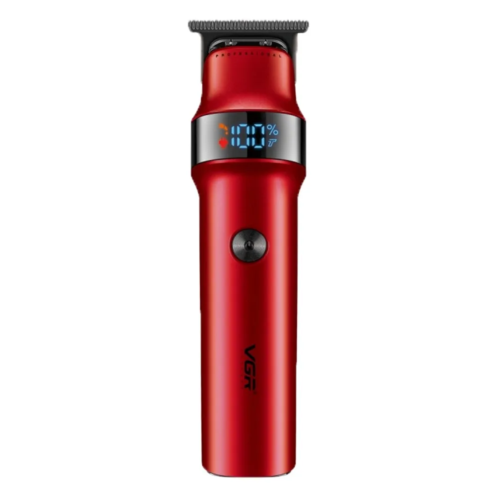 ماشین اصلاح موی سر و صورت وی جی ار مدل V-987 با تیغه استیل ضد زنگ، عملکرد توربو، قابلیت اصلاح با شماره صفر، نمایشگر میزان شارژ، طراحی ارگونومیک، همراه با سه شانه راهنما و برس تمیزکننده