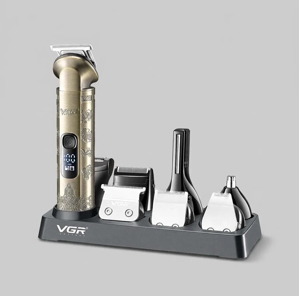 ست ماشین اصلاح موی صورت و بدن وی جی آر مدل V-110 با تیغه استیل ضد زنگ، قابلیت اصلاح صفر، 10 عدد شانه متنوع، نمایشگر باتری، شارژ سریع، ضد آب و استفاده 180 دقیقه پس از شارژ