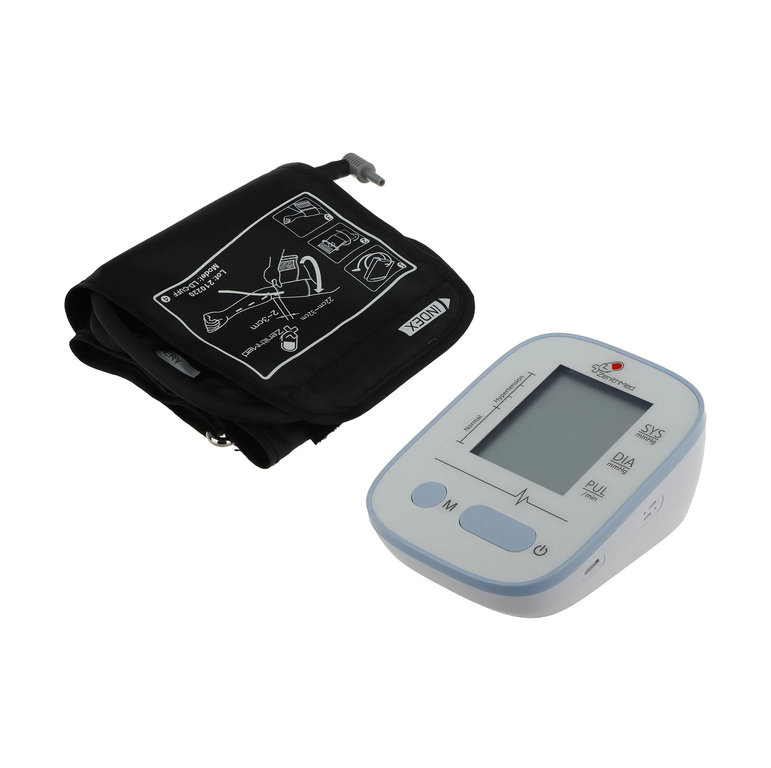 فشارسنج بازویی دیجیتال زنیتمد مدل LD-521 با نمایشگر LCD بزرگ، حافظه 99 رکورد، تشخیص آریتمی و نمایش میانگین نتایج، مناسب بازو 22 تا 32 سانتی‌متر، منبع انرژی باتری و آداپتور، همراه کیف و دفترچه راهنما