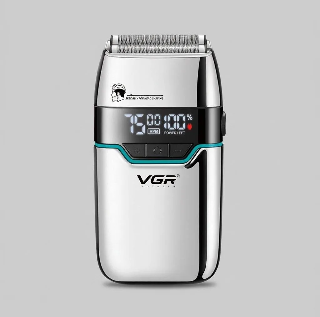 ماشین اصلاح موی صورت شارژی وی جی ار مدل V-350 با تیغه تیتانیوم، اصلاح صفر میلی‌متر، باتری لیتیومی 1200 میلی‌آمپر، نمایشگر LED و قابلیت استفاده خشک و مرطوب
