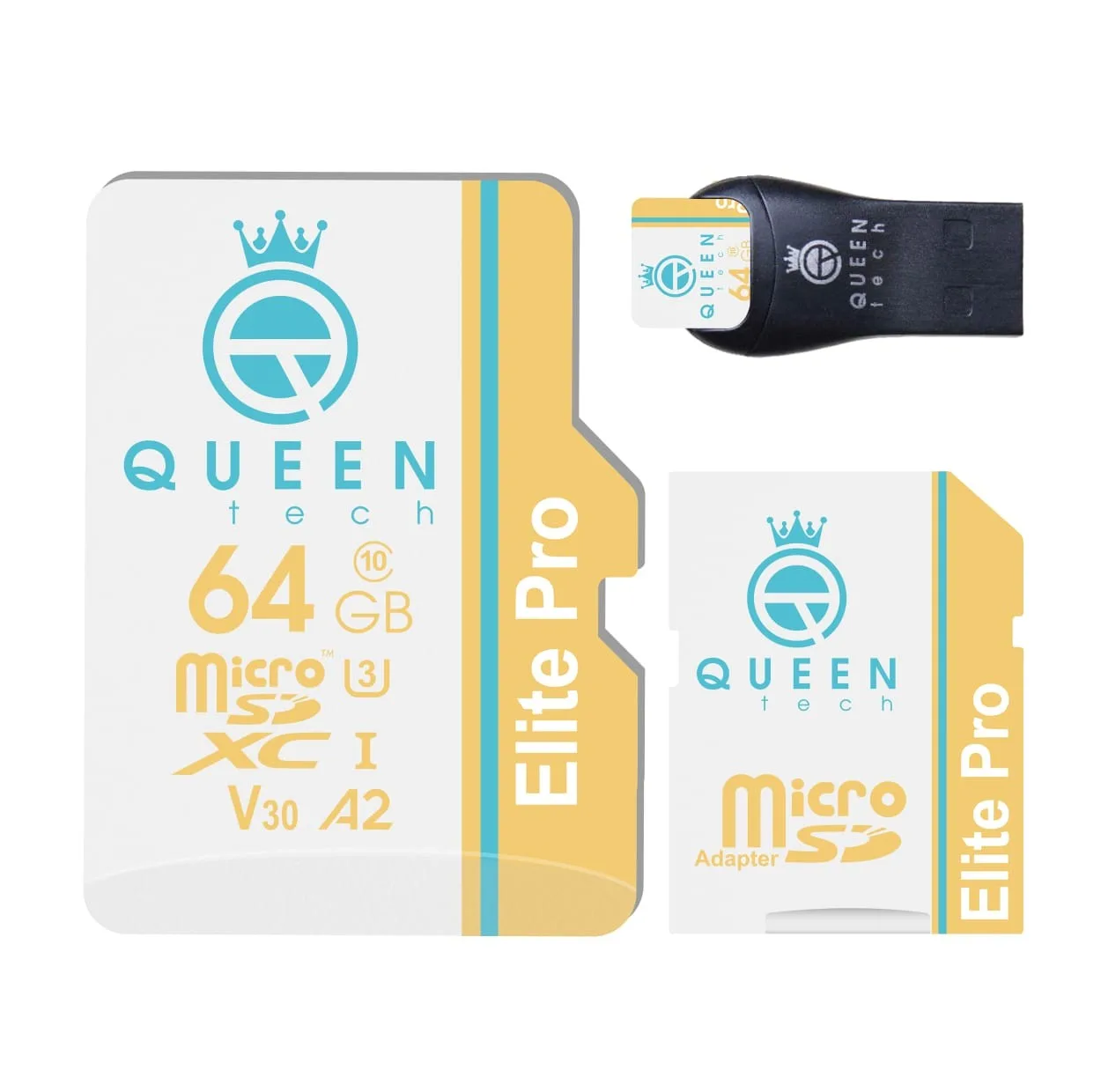 کارت حافظه Micro SDXC کوئین تک مدل Elite pro A2-V30-566X PLUS کلاس 10 استاندارد UHS-l U3 سرعت 85mbps ظرفیت 64 گیگابایت به همراه آداپتور SD و کارت خوان USB