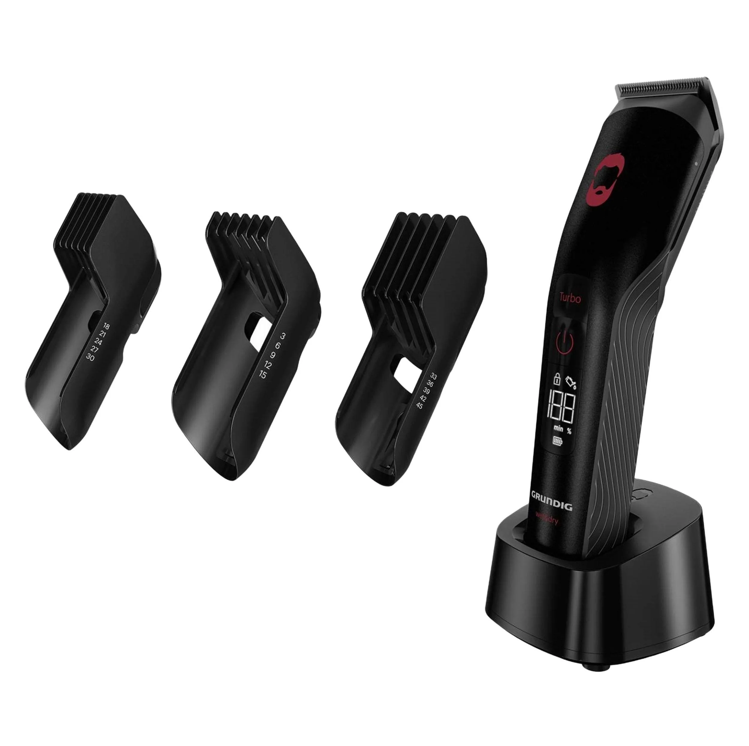ماشین اصلاح موی سر و صورت شارژی گروندیگ مدل MC 9030 با تیغه تیتانیوم، سنسور هوشمند تنظیم قدرت موتور، حالت توربو، مقاوم در برابر آب، استفاده خشک و مرطوب، نمایش وضعیت باتری، همراه با 3 شانه