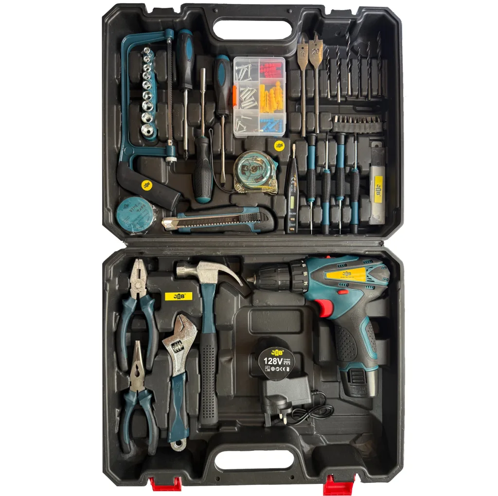 پیچ گوشتی چکشی شارژی سه نظام 10 میلیمتر 128 ولت جاب مدل JB-128 NetliX مجموعه 205 عددی