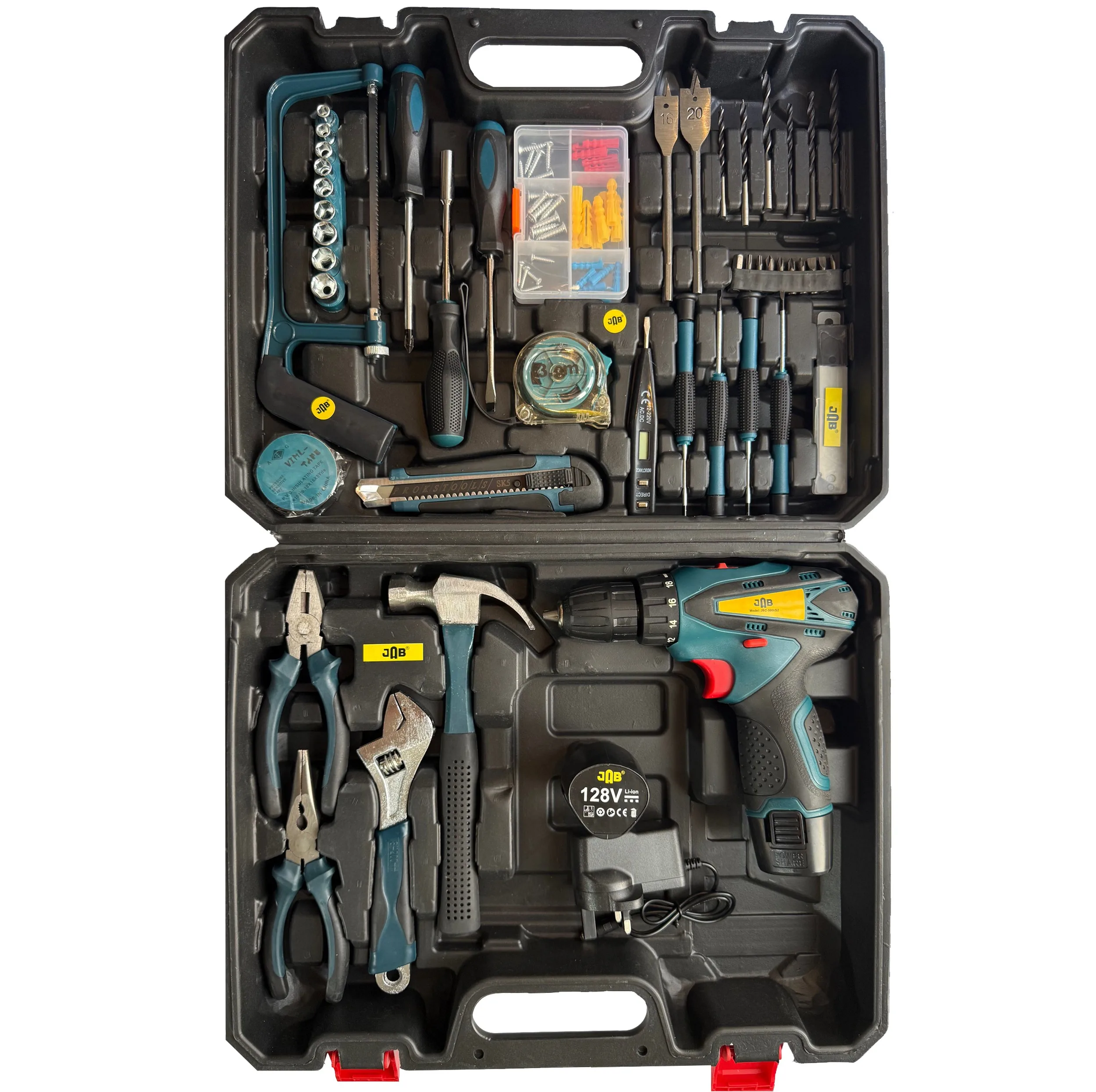 پیچ گوشتی چکشی شارژی سه نظام 10 میلیمتر 128 ولت جاب مدل JB-128 NetliX مجموعه 205 عددی