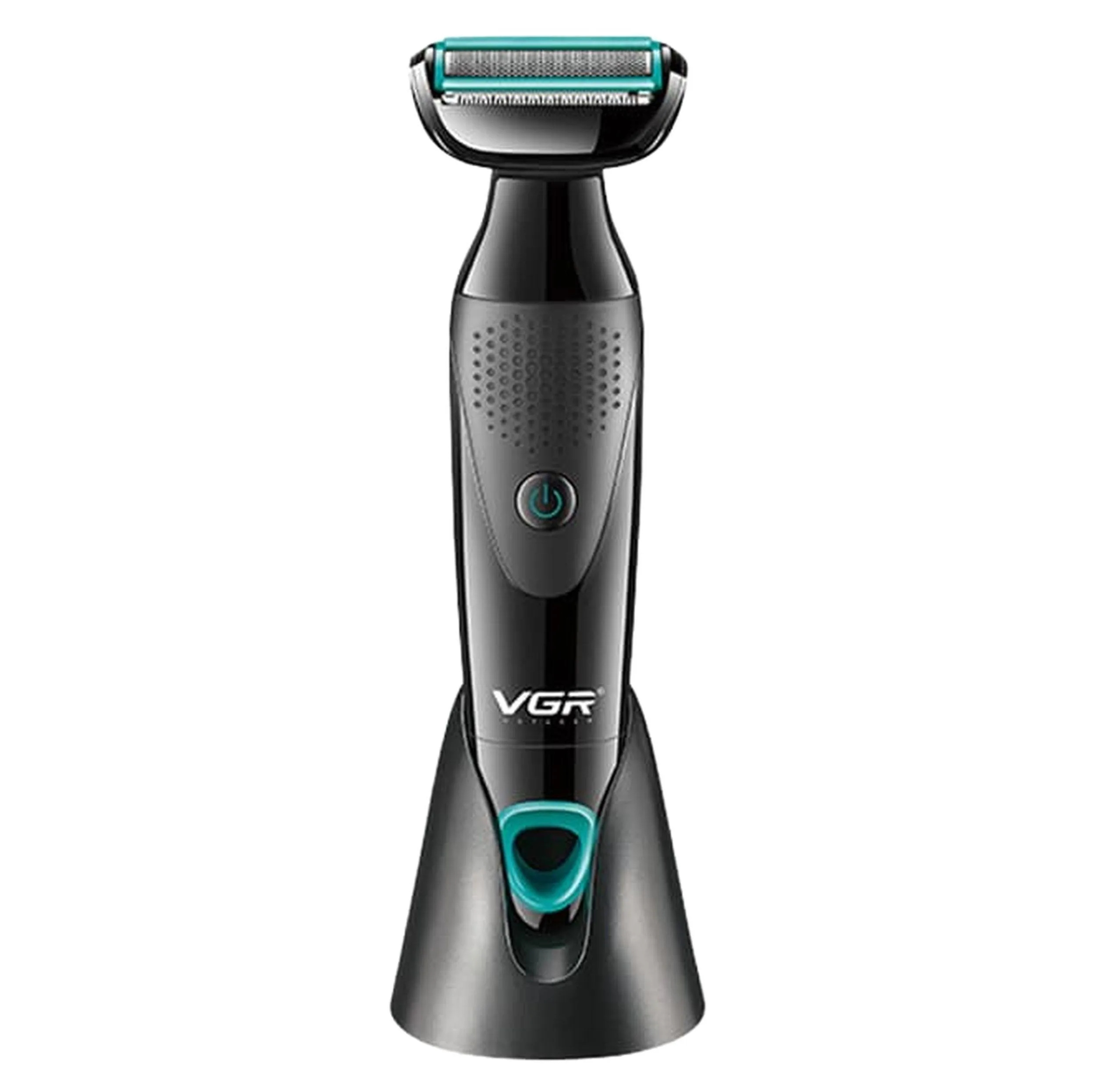 ماشین اصلاح موی صورت و بدن وی جی ار مدل V-601 با تیغه استیل ضدزنگ، قابلیت تنظیم سرعت، منبع انرژی باتری قابل شارژ، اصلاح چرخشی و خط زن، ضدآب با گواهی IPX4