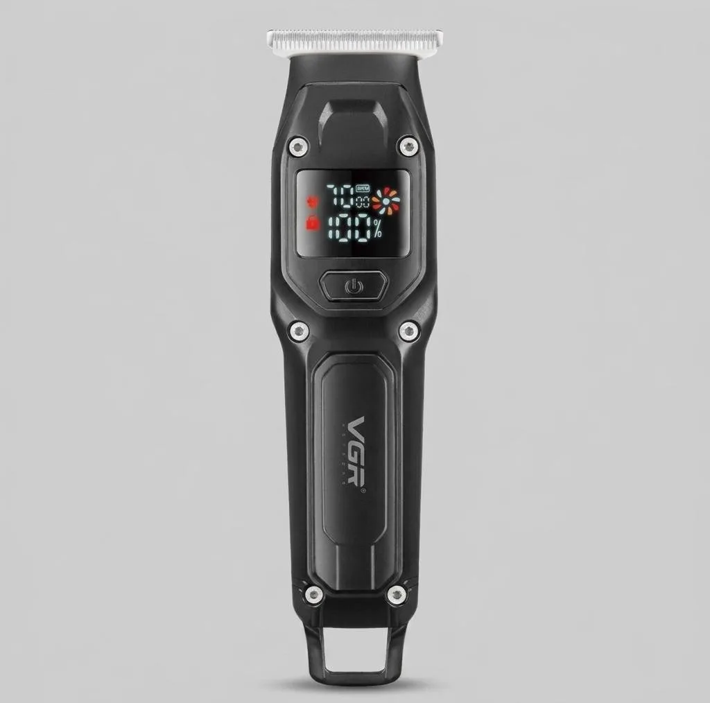ماشین اصلاح موی سر و صورت وی جی ار مدل V-964 با تیغه کربن استیل، باتری لیتیومی 600 میلی‌آمپر، نمایشگر وضعیت باتری، عملکرد توربو، طراحی ارگونومیک و 3 شانه خط زن سایز 1، 2 و 3 میلی‌متر